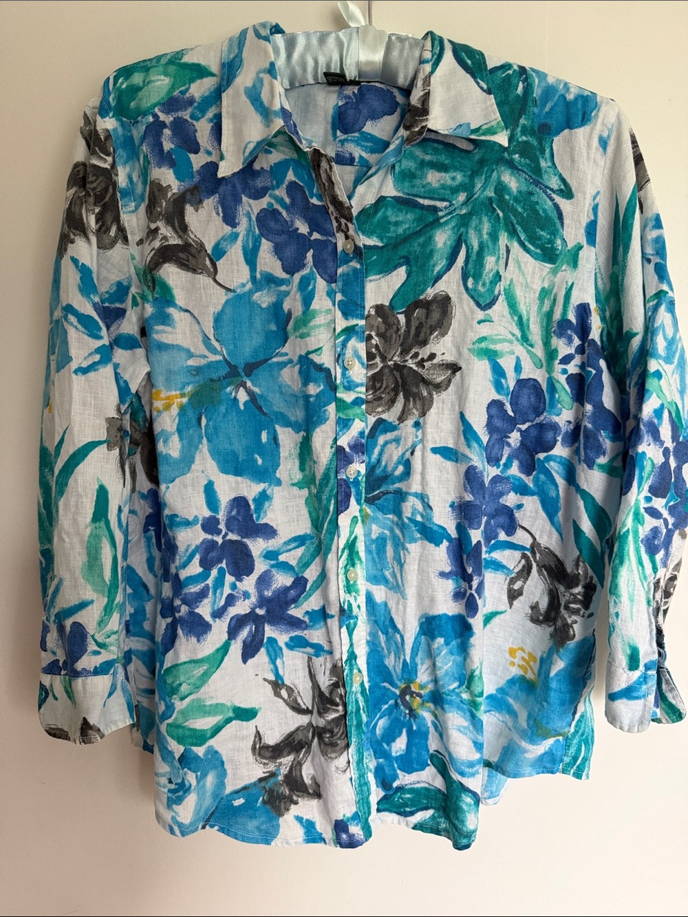 Lauren Ralph Lauren Women Blue & Teal Linen Button-Up Blouse Shirt long sleeves